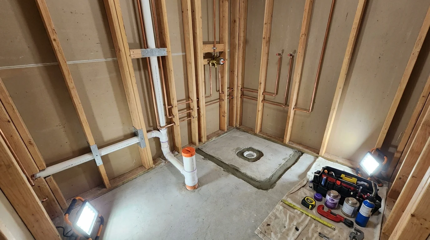 Bathroom rough-in plumbing during remodel by Johns Plumbing LLC in Nescopeck