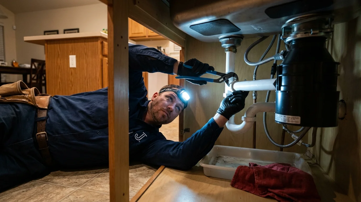 P-trap and supply line connections under a kitchen sink showing a common leak point in Nescopeck, PA